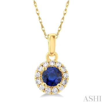 3.25 MM Round Sapphire and 1/20 Ctw Single Cut Diamond Halo Precious Pendant with Chain in 14K Yellow Gold